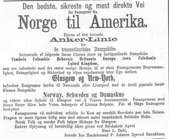Advertisement for the Anchor Line in the local newspaper in Trondheim, Adresseavisen. Reprinted from www.norwayheritage.