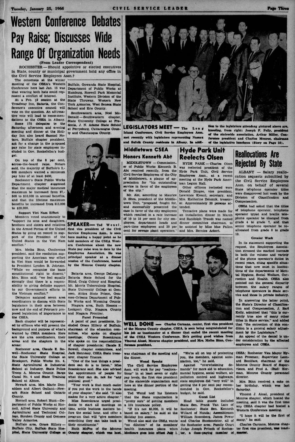 ^ / Tuesday, January 25, 1966 CIVIL SERVICE LEADER P«ie TUrf Western Conference Debates Pay Raise; Discusses Wide Range Df Organization Needs (From Leader Correspondent) ROCHESTER Should appointive