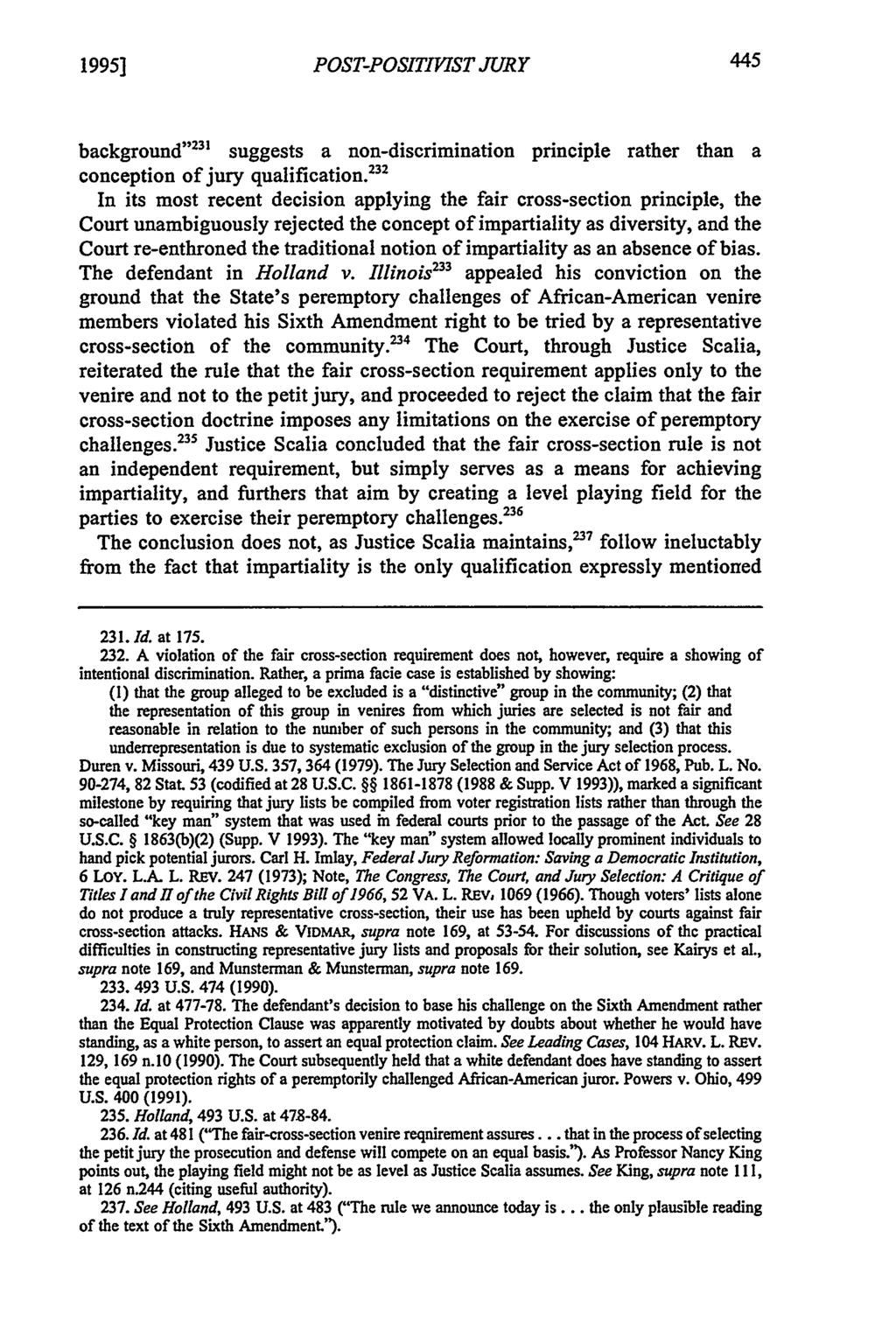1995] POST-POSITIVIST JURY background" 23 ' suggests a non-discrimination principle rather than a conception of jury qualification.