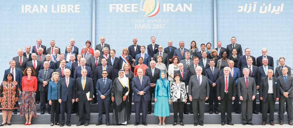 Villepinte, France (July 1, 2017) NCRI President-elect Maryam Rajavi (center) with dozens of senior former and current officials at the Free Iran Grand Gathering.