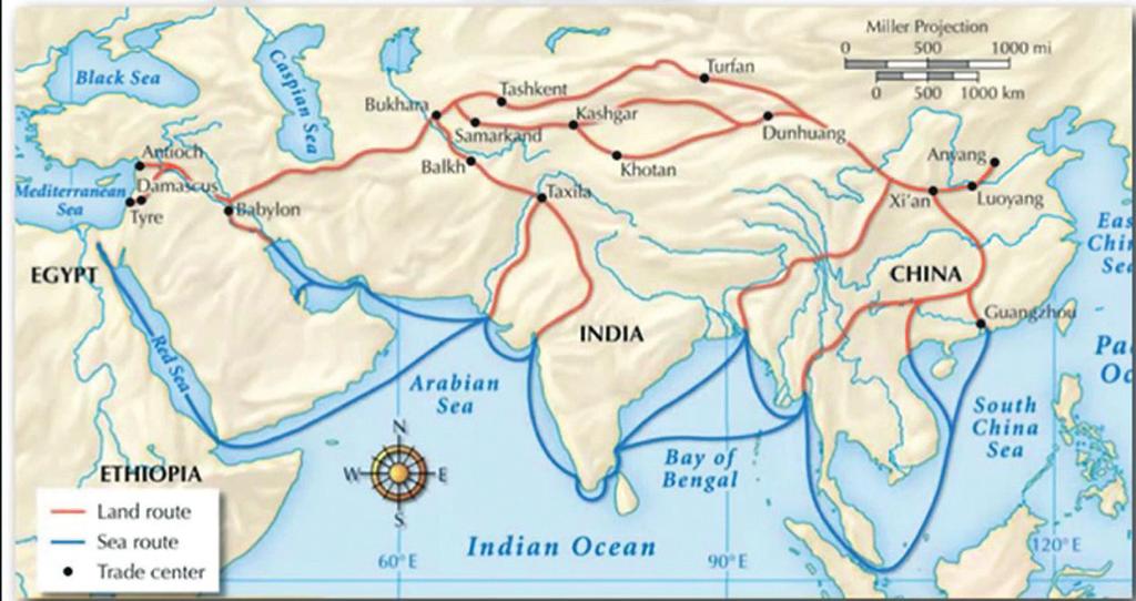 The Silk Road The Overland Silk Road (red line) and the Maritime Silk Road (blue line) will unify all of Eurasia, included Southwest Asia and Northern Africa, under the concept of One Road and One