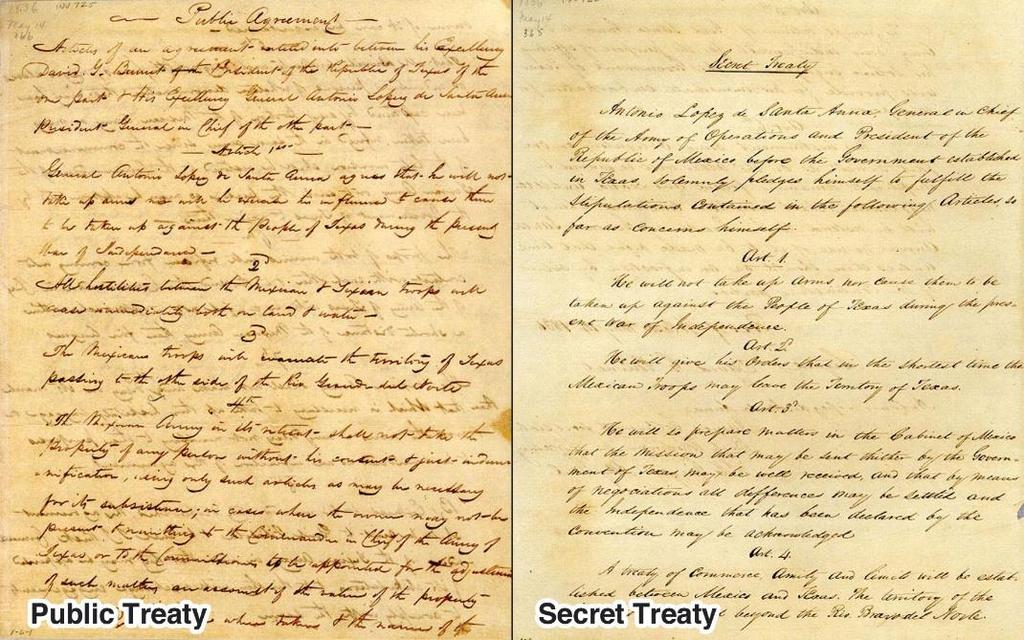 Treaties of Velasco The capital of Texas was moved to Velasco for several months. Santa Anna was taken there to sign two treaties with the Texas government.