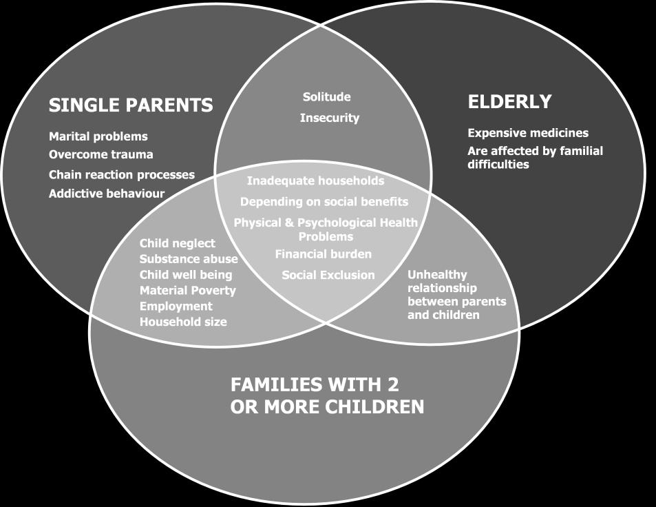 Families mostly prone to poverty and social exclusion and their interlinking factors On the other hand, SINGLE MOTHERS and PARENTS OF TWO OR MORE CHILDREN are mostly prone to suffer from: Lack of