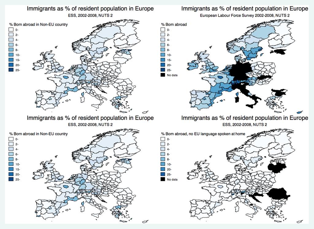 Figure 2: Immigrants (born abroad) as percentage of resident population in Europe from alternative data sources and using alternative definitions Note: figures are drawn by