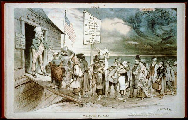 Document 4: Note: Sign in front of ship (U.S. Ark of Refuge) reads: NO oppressive taxes, NO expensive KINGS, NO compulsory military service, NO knouts in dungeons.