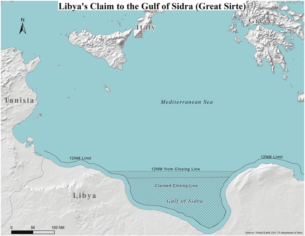straight baseline across the Gulf of Sidra and declare it as internal waters. This would have allowed Libya a much larger area to restrict navigation and overflight.