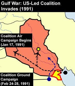 The Gulf War President Bush moves quickly to gain approval to invade Iraq in January 1991 After 100 hours, Bush brings the ground war to a halt Late February 1991 Ground troops enter Iraq, Kuwait s