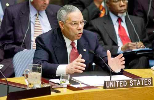 cretary of State Colin Powell delivers a presentation before the UN, arguing that the U.S. had intelligence pointing to the production of weapons of mass destruction and terrorist ties by the government of Iraq The UN charged to search Iraq for WMDs.
