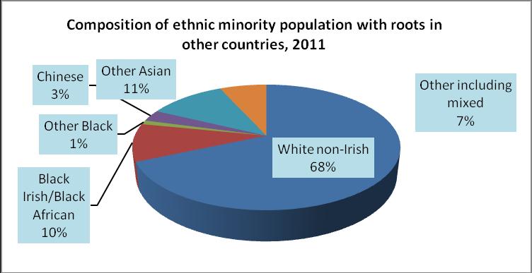 3. Ethnicity and Ethnic Groups with Roots in Other Countries Regarding the minority ethnic population, the share of White non-irish is dominant, which is expected in light of the large influx of EU
