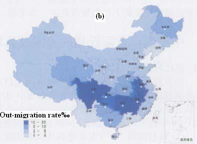 Distribution of inter-provincial migration rates of China, 1995-2 (a) In-migration (b) Out-migration (c) Net-migration Source: DING Jinhong,