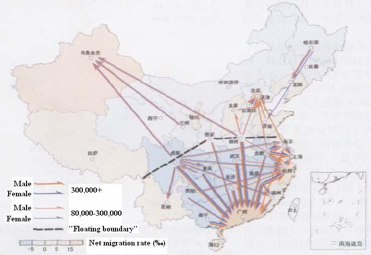 Floating direction: The main inter-provincial migration flows in China, 1995-2 Source: DING Jinhong, et al.