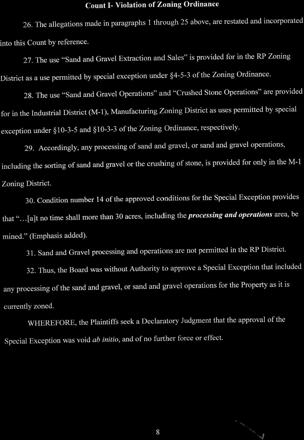 Count 1- Violation of Zoning Ordinance 26. The allegations made in paragraphs 1 through 25 above, are restated and incorporated into this Count by reference. 27.