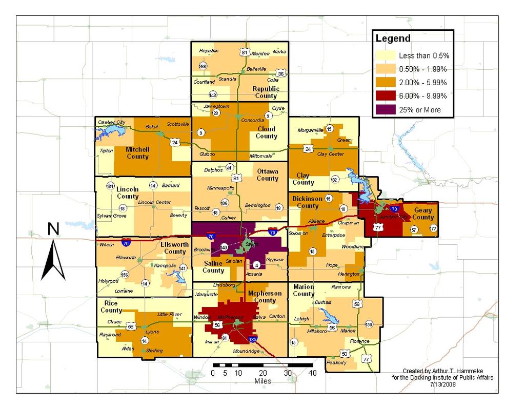 Map 2 shows how each zip code in the basin compares to all other zip codes in terms of the percent of total available labor in the Salina Kansas Labor Basin.