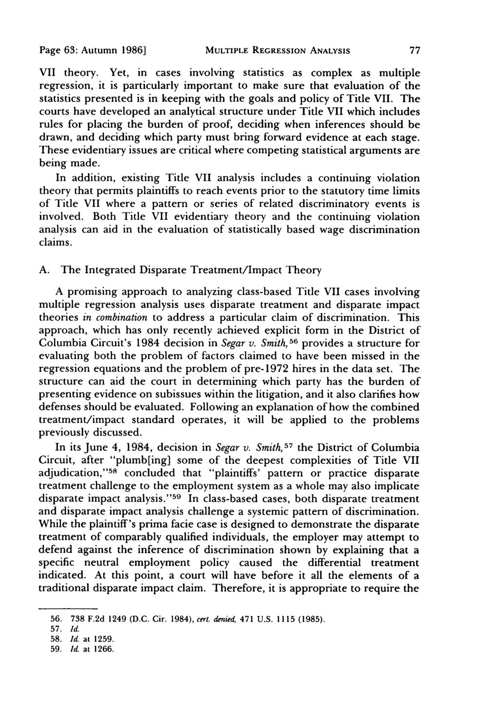 Page 63: Autumn 1986] MULTIPLE REGRESSION ANALYSIS VII theory.