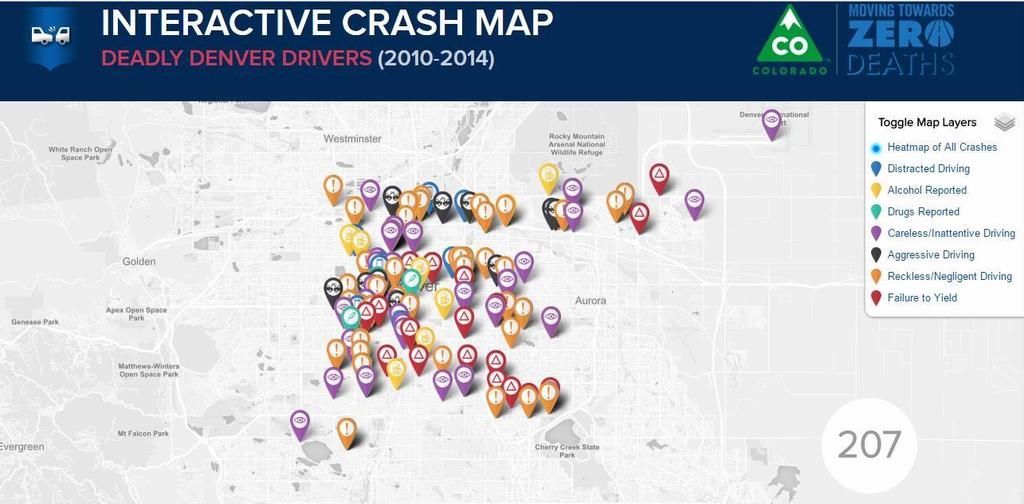 4 PRIMERJALNI VIDIK PROMETNIH NESREČ V TUJINI Denver ZDA ima rešitev, ki deluje na principu spletne vizualizacije krajev nesreč oziroma grafičnega prikaza krajev