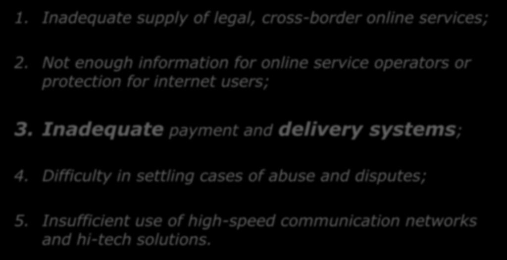 E-commerce communication: Main obstacles (priorities) to the digital single market 1. Inadequate supply of legal, cross-border online services; 2.
