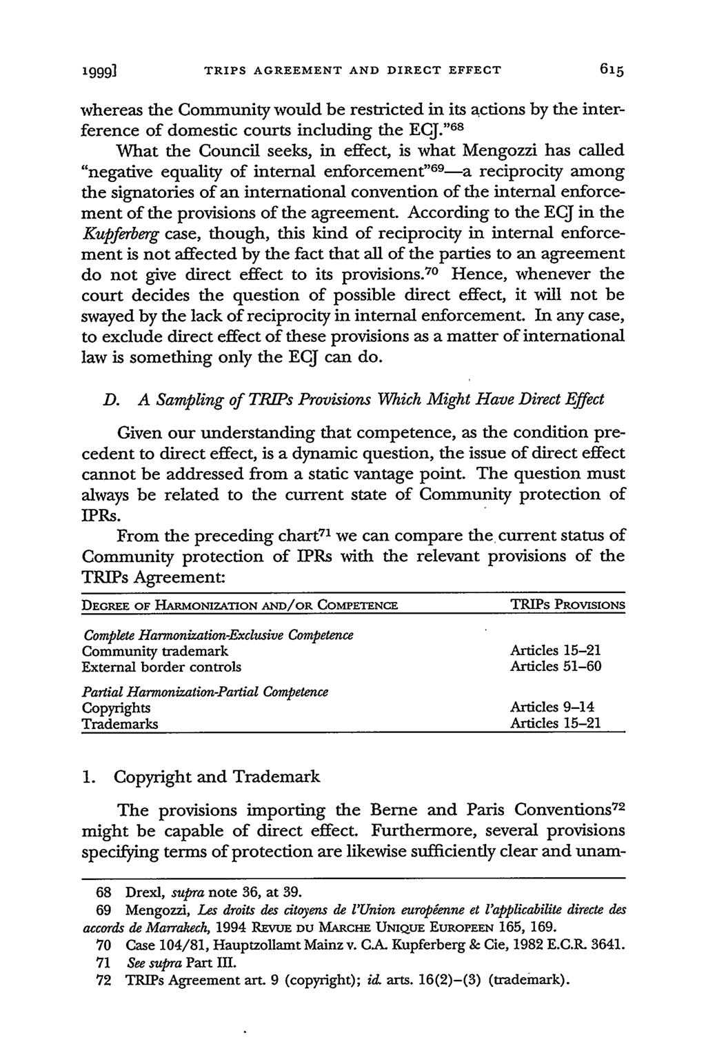 1999] TRIPS AGREEMENT AND DIRECT EFFECT whereas the Community would be restricted in its actions by the interference of domestic courts including the ECJ.