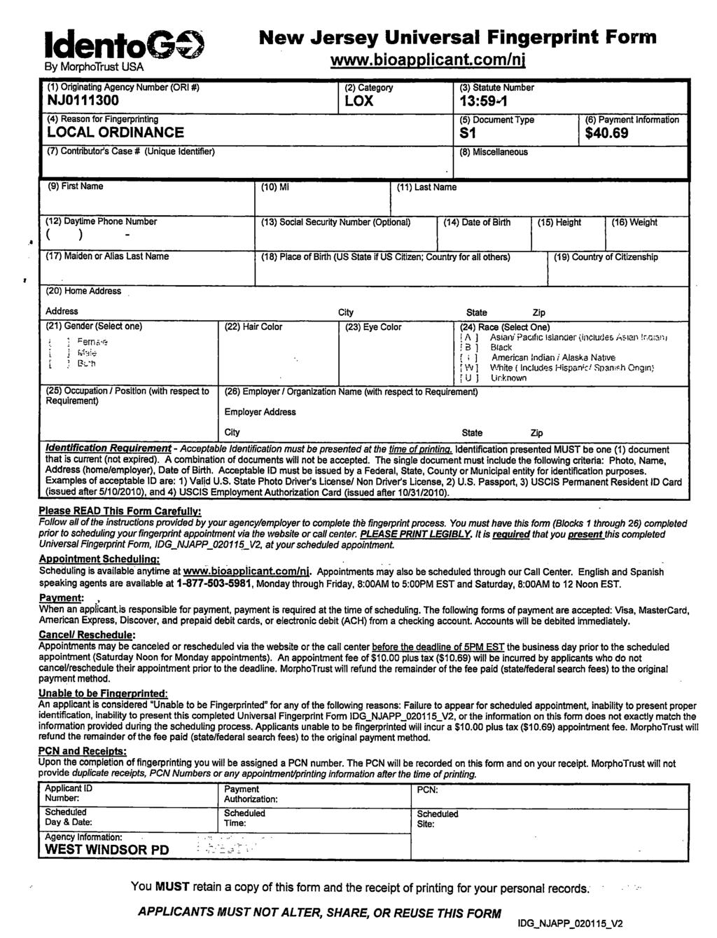 IdentoGO By Morph Trust USA New Jersey Universal Fingerprint Form WWW bloapplicant.