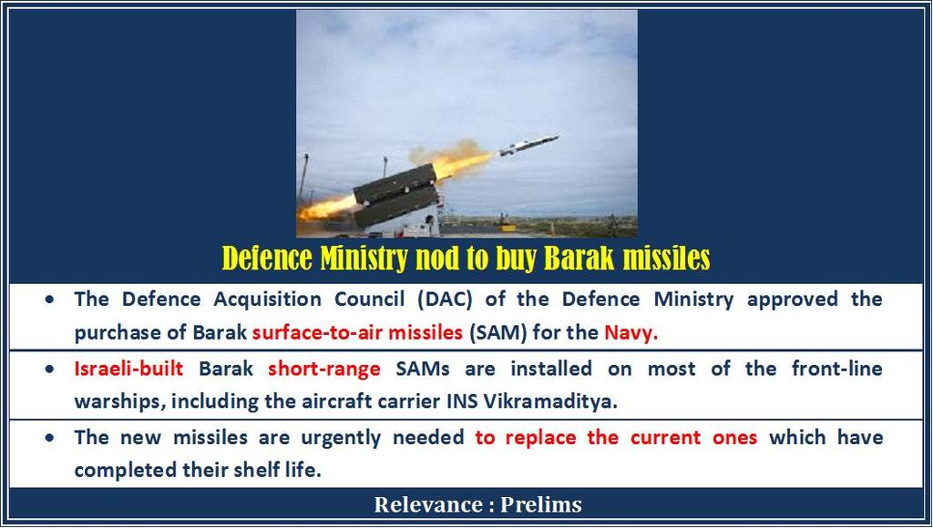 DEFENCE & INTERNAL SECURITY DEFENCE MINISTRY NOD TO BUY BARAK MISSILES News: The Defence Acquisition Council(DAC) of Defence Ministry approved the purchase of Barak surface-to-air missiles(sam) for