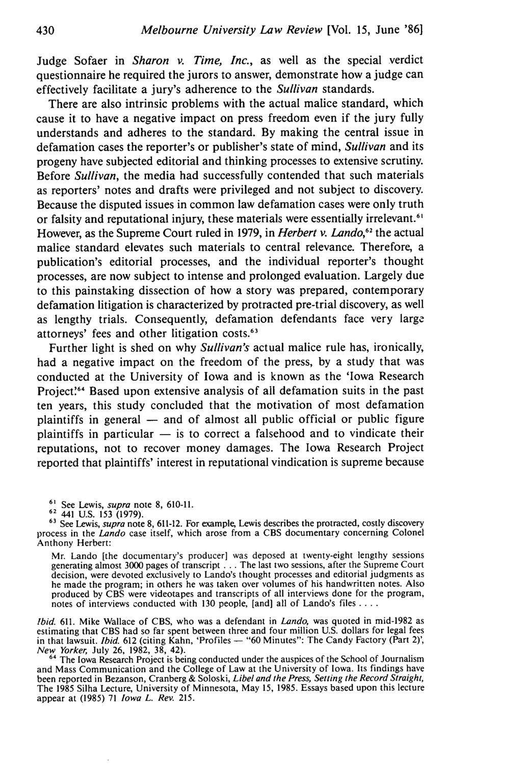 Melbourne University Law Review [Vol. 15, June '861 Judge Sofaer in Sharon v. Time, Inc.