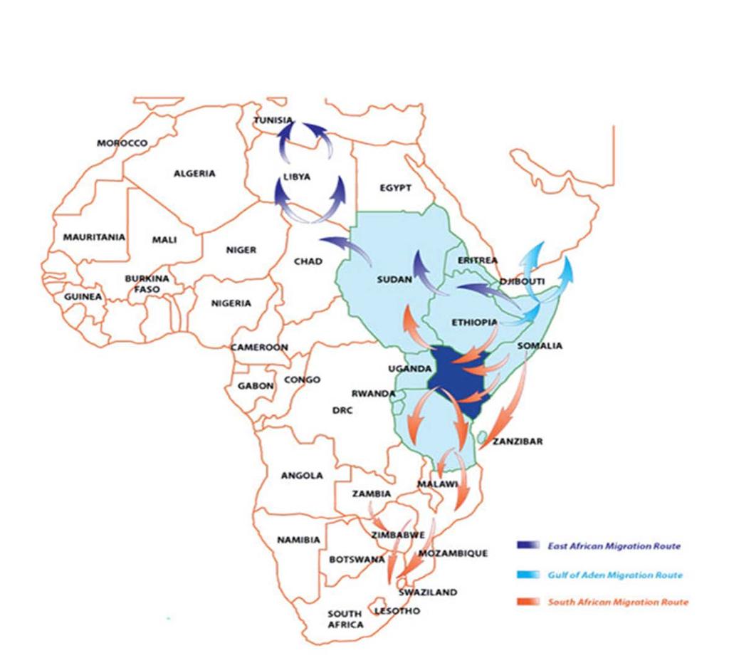 AU-HOAI: its focus Addressing Human trafficking and smuggling of migrants from the Horn of Africa region through 3 different routes: 1) The Northern Route: through Sudan, Libya, Egypt into Europe.