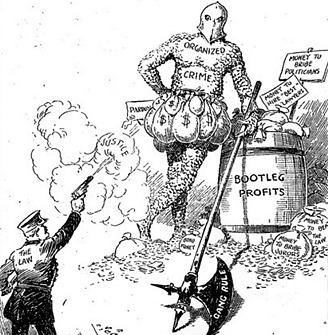 1920 political cartoon portraying the excess amounts of corruption, especially during prohibition.