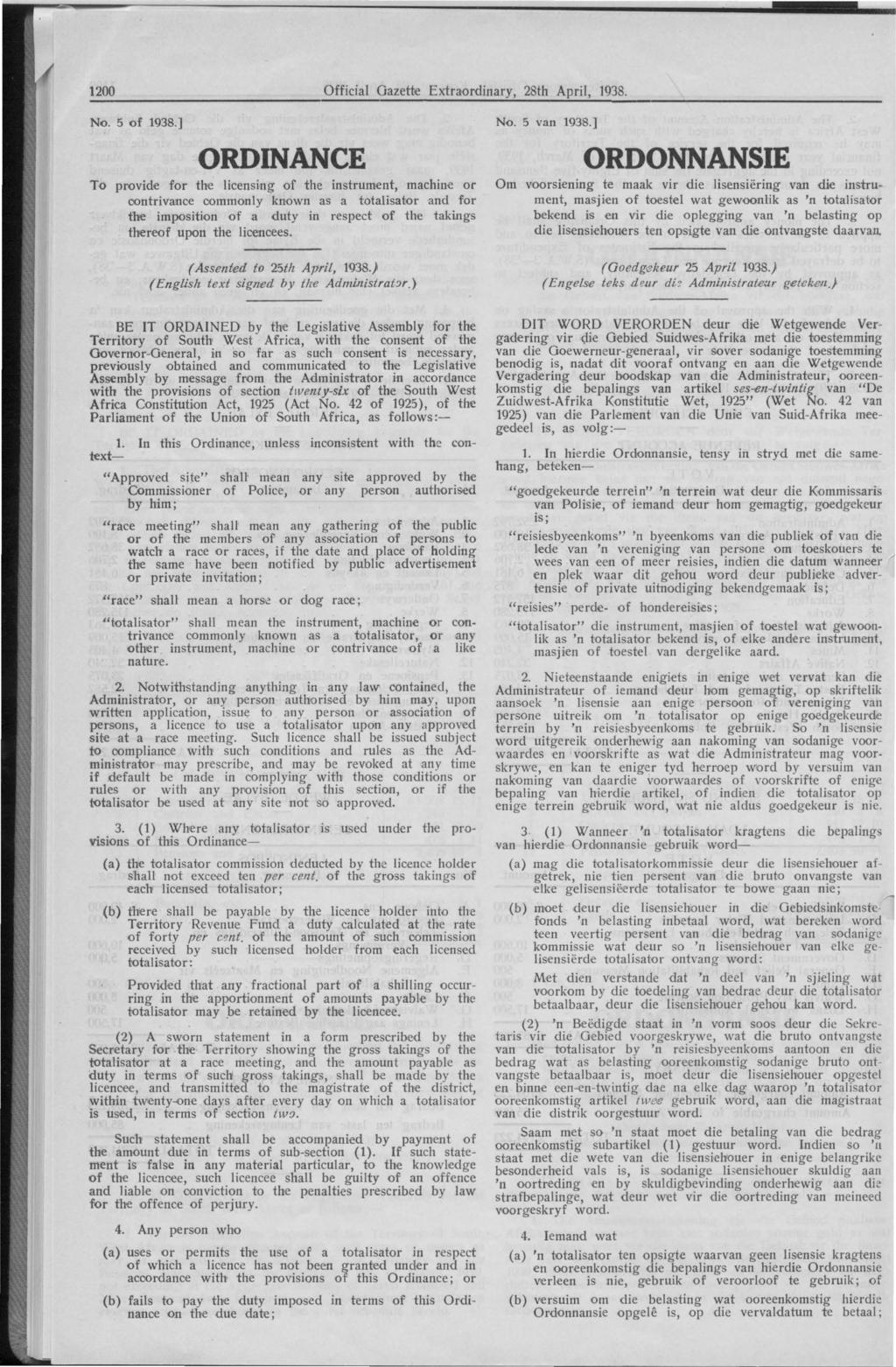 1200 Official Gazette Extraordinary, 28th April, 1938. No. 5 of 1938.