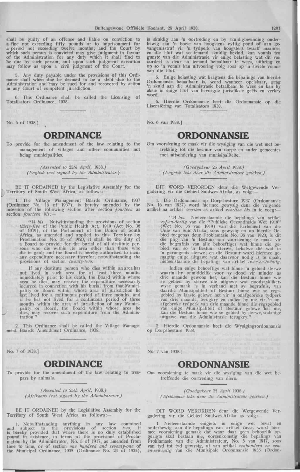 Buitengewone Offisiele Koerant, 28 April 1938.