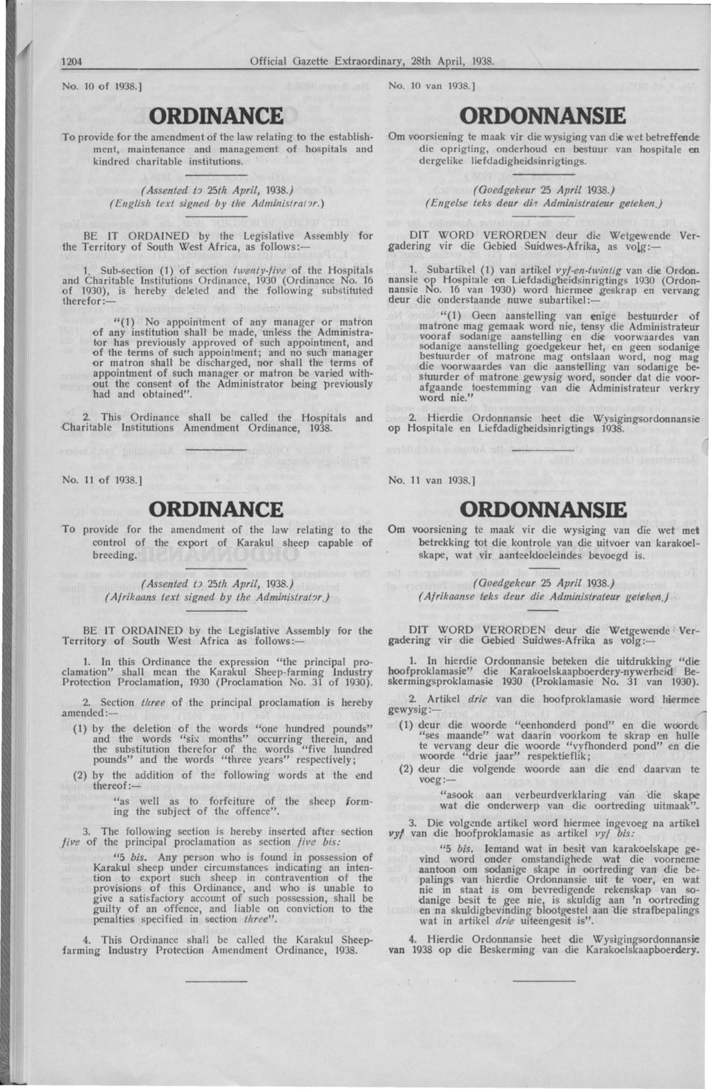 1204 Official Gazette Extraordinary, 28th April, 1938. No. 10 of 1938.