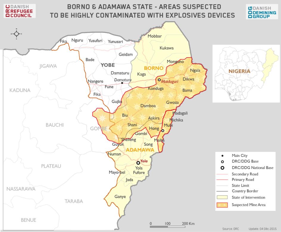 IDPs currently in camps in Maiduguri and Yola who are being encouraged to return to LGAs in Borno and Adamawa states to areas with suspected mine/erw contamination are at risk of potential mine/erw-