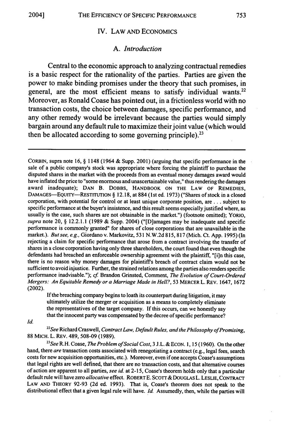 2004] THE EFFICIENCY OF SPECIFIC PERFORMANCE IV. LAW AND ECONOMICS A.