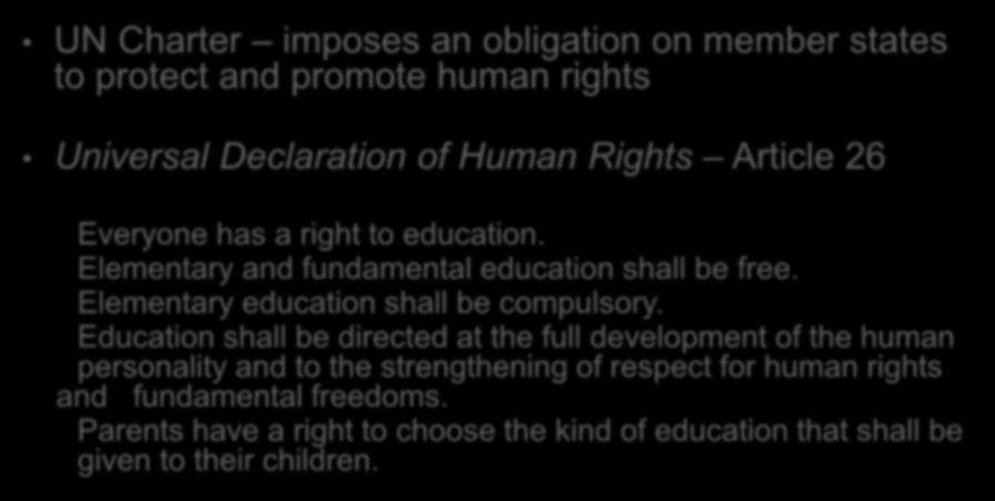 International Instruments UN Charter imposes an obligation on member states to protect and promote human rights Universal Declaration of Human Rights Article 26 Everyone has a right to education.