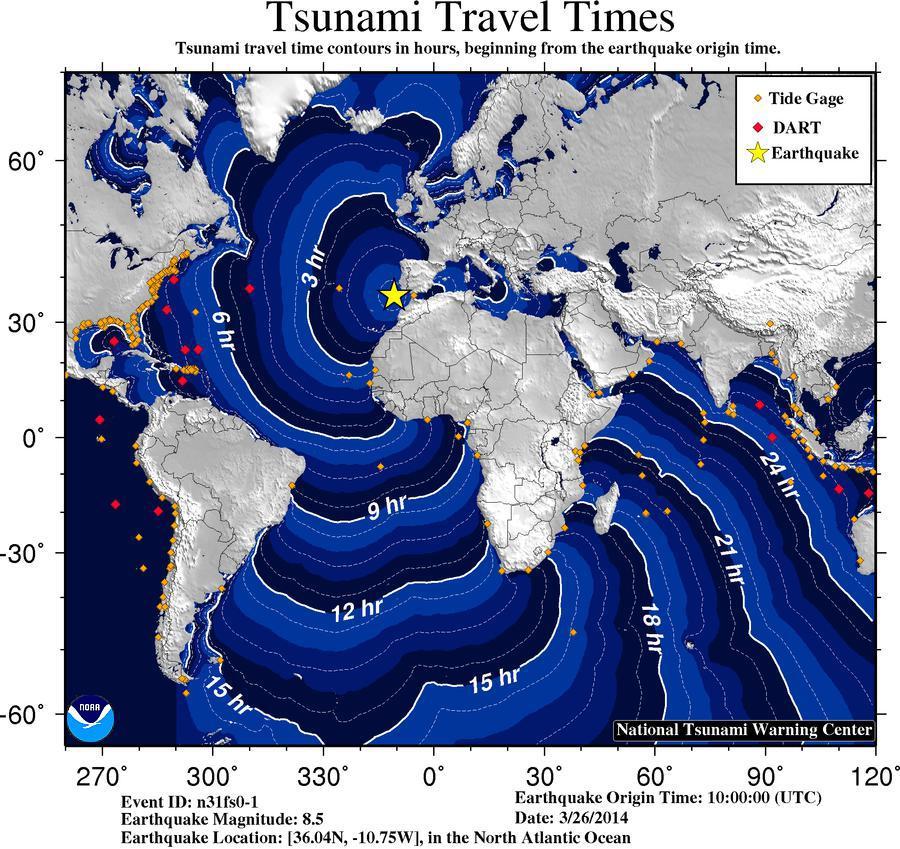 CARIBE WAVE/LANTEX 2014 Figure A: Travel Times for Portugal Tsunami Scenario