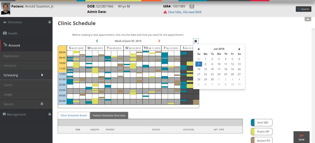 In this example, there are three different providers listed in the right corner (Amil, Rubio, Jensen). Each provider has a dedicated color and column for each day to show their availability.