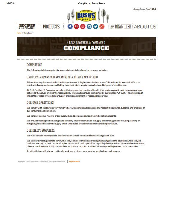 Jenkins 37 Public Compliance Statement- Bush Brothers and Company In attached PDF: Department of Labor