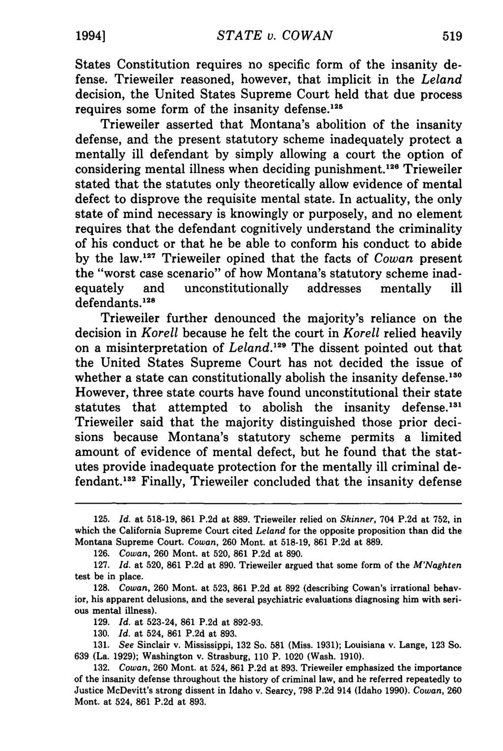 Stimpson: State v. Cowan 1994] STATE v. COWAN 519 States Constitution requires no specific form of the insanity defense.