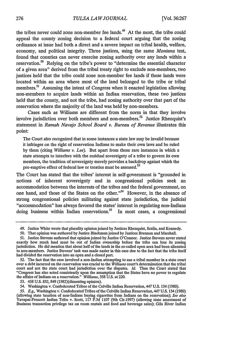 Tulsa Law Review, Vol. 36 [2000], Iss. 2, Art. 2 TULSA LAW JOURNAL [Vol. 36:267 the tribes never could zone non-member fee lands.
