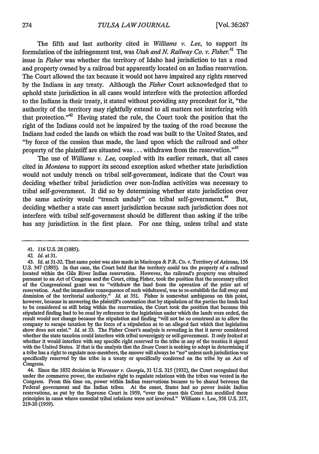 Tulsa Law Review, Vol. 36 [2000], Iss. 2, Art. 2 TULSA LAW JOURNAL [Vol. 36:267 The fifth and last authority cited in Williams v.