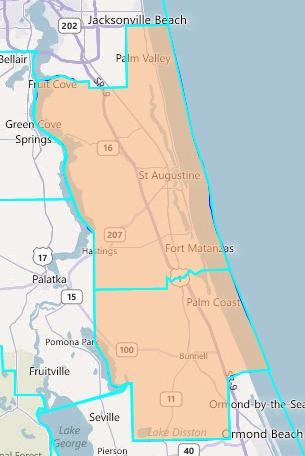 With a population of 190,039, St. Johns County is too large for a State House district and would need to be divided amongst at least two districts. St. Johns County could be kept whole in either a State Senate or Congressional district.