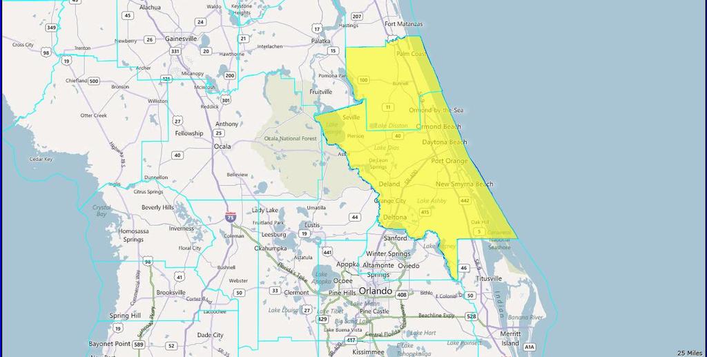 NE/NC - 29: Volusia and Flagler Counties Area Congressional District 61 Description: The southern border would be both Brevard and Seminole county lines (Volusia seems to get lost in the shuffle).