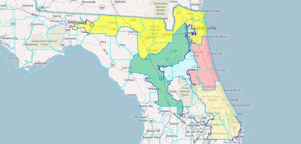 Congressional District 3 s southern boundary would be Volusia County. Congressional Districts 4, 6 and 7 also shift in order to better align Jacksonville s congressional districts.