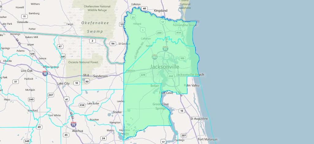 NE/NC - 35: Three State Senate Seats Rooted from Nassau, Duval and Clay Counties 67 Description: Nassau, Duval and Clay counties could be split into three State Senate districts.