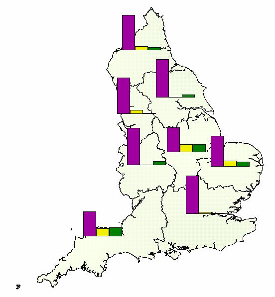 Map 2: Proportion MCS respondents by urban-rural classification in standard region, England 2000-2001 (weighted) % Source Millennium Cohort Study Sweep 1 We also do not attempt to reconstruct the