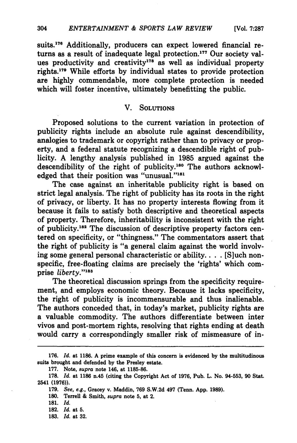 University of Miami Entertainment & Sports Law Review, Vol. 7, Iss. 2 [1990], Art. 5 ENTERTAINMENT & SPORTS LAW REVIEW [Vol. 7:287 suits.