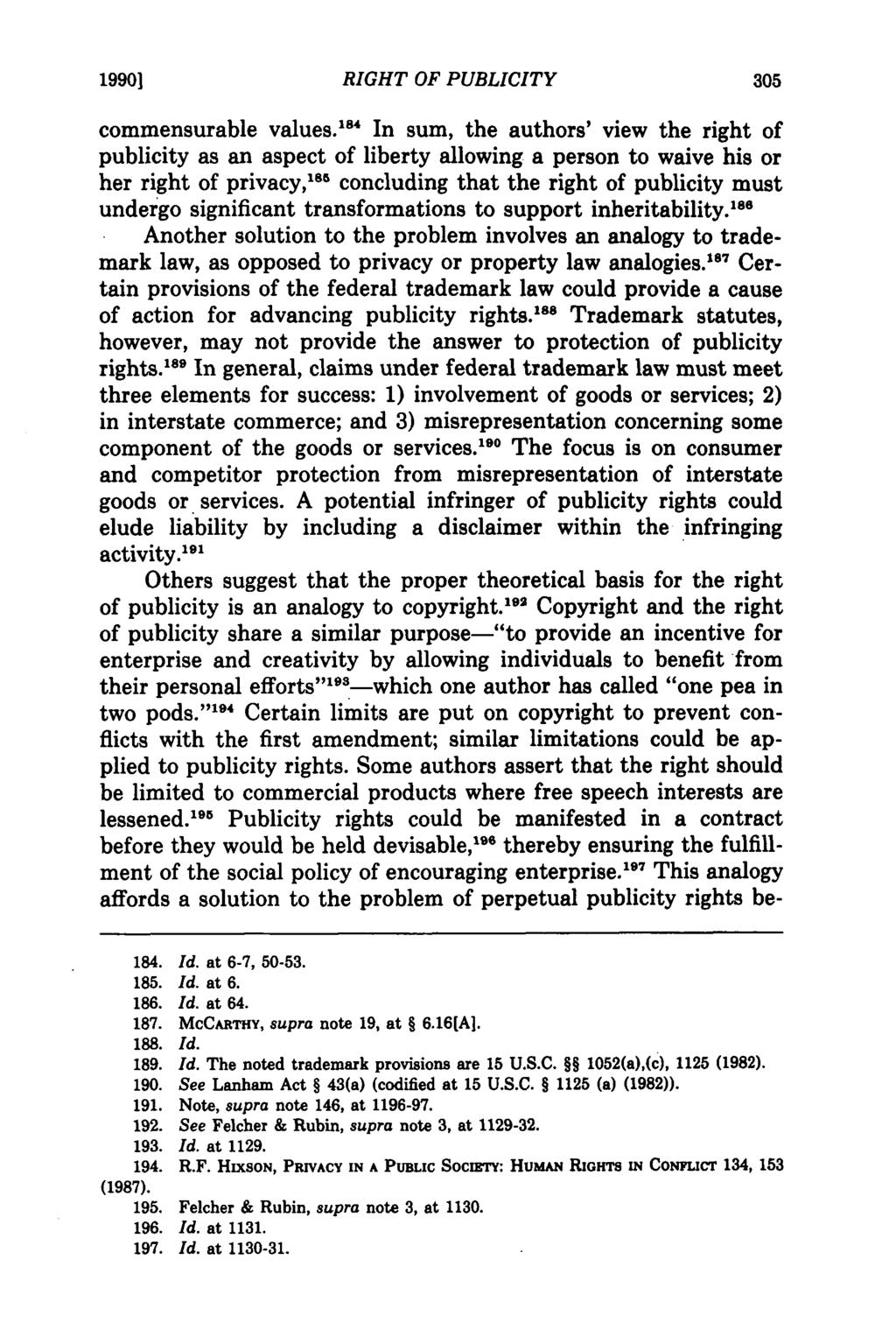 19901 Neumeyer: The Right of Publicity and its Descendibility RIGHT OF PUBLICITY commensurable values.