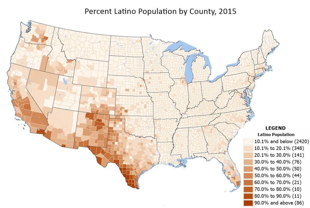 Latinos are around 25% of the youngest age groups (0 4, 5 9, and 10 14) and somewhat less than 10% of the oldest age groups (65 69 and older).