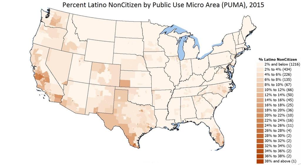 had a lower work force participation rate, ranging generally from 82 86%. Figure Non-Citizens 2. Percentage of Latino Non-Citizens by Public Use Micro Area, 2015.