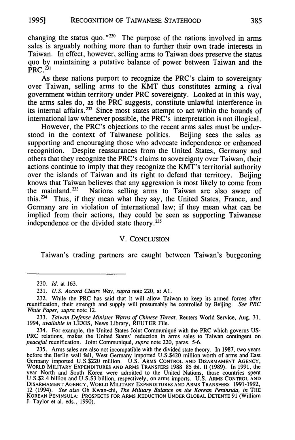19951 Attix: Between RECOGNITION the Devil and OF the TAIWANESE Deep Blue Sea: Are Taiwan's Trading Par STATEHOOD changing the status quo.