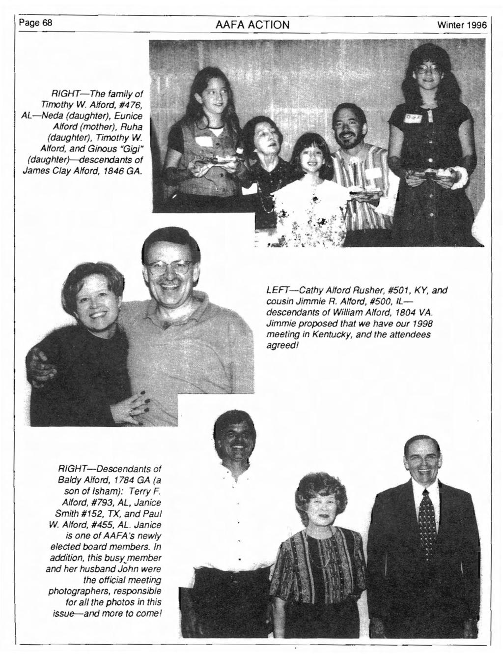 Page 68 AAFAACTION Winter 1996 RIGHT-The family of Timothy W. Afford, #476, AL-Neda (daughter), Eunice Afford (mother), Ruha (daughter), Timothy W.