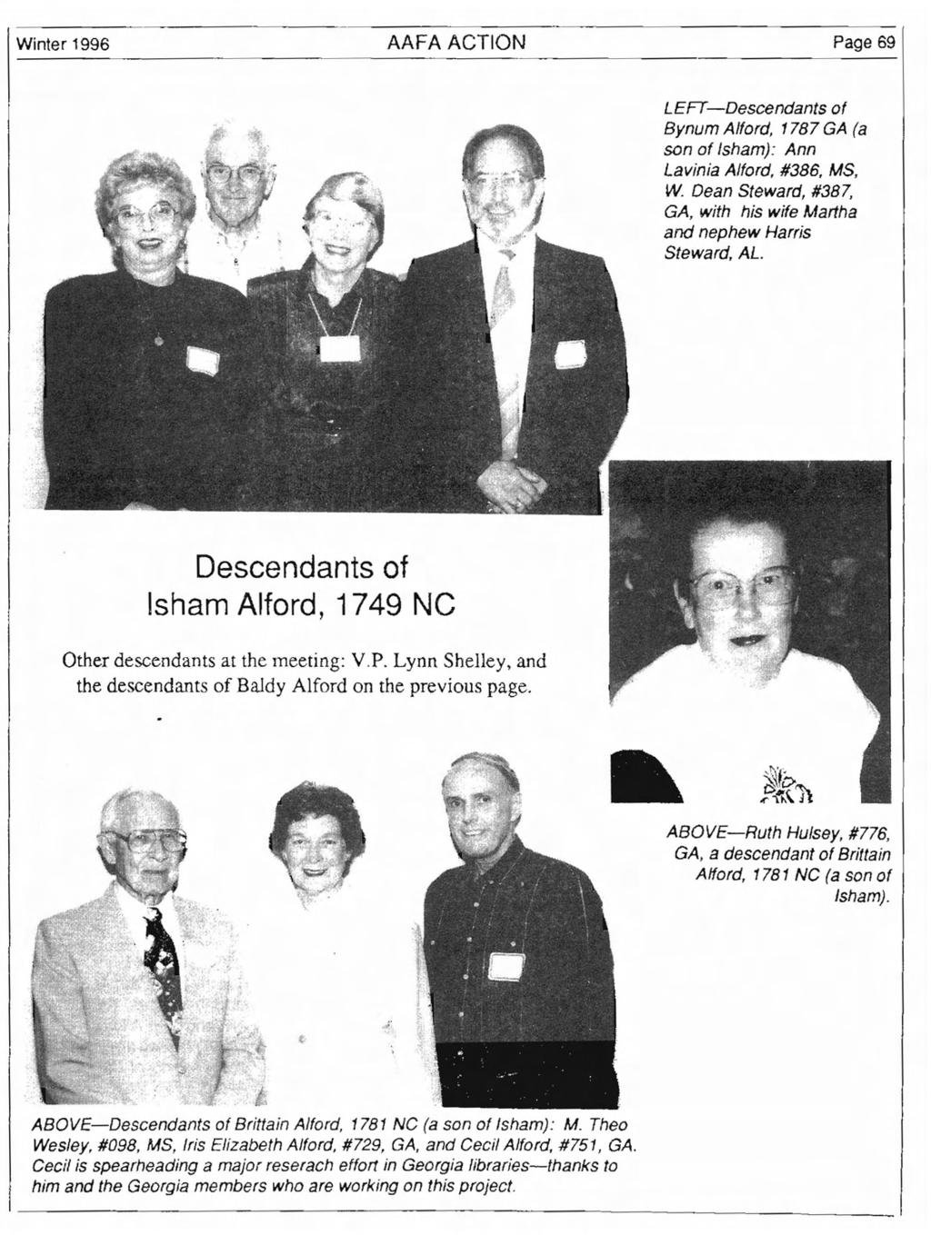 Winter 1996 AAFA ACTION Page 69 LEFT-Descendants of Bynum Alford, 1787 GA (a son of Isham): Ann Lavinia Alford, #386, MS, W.